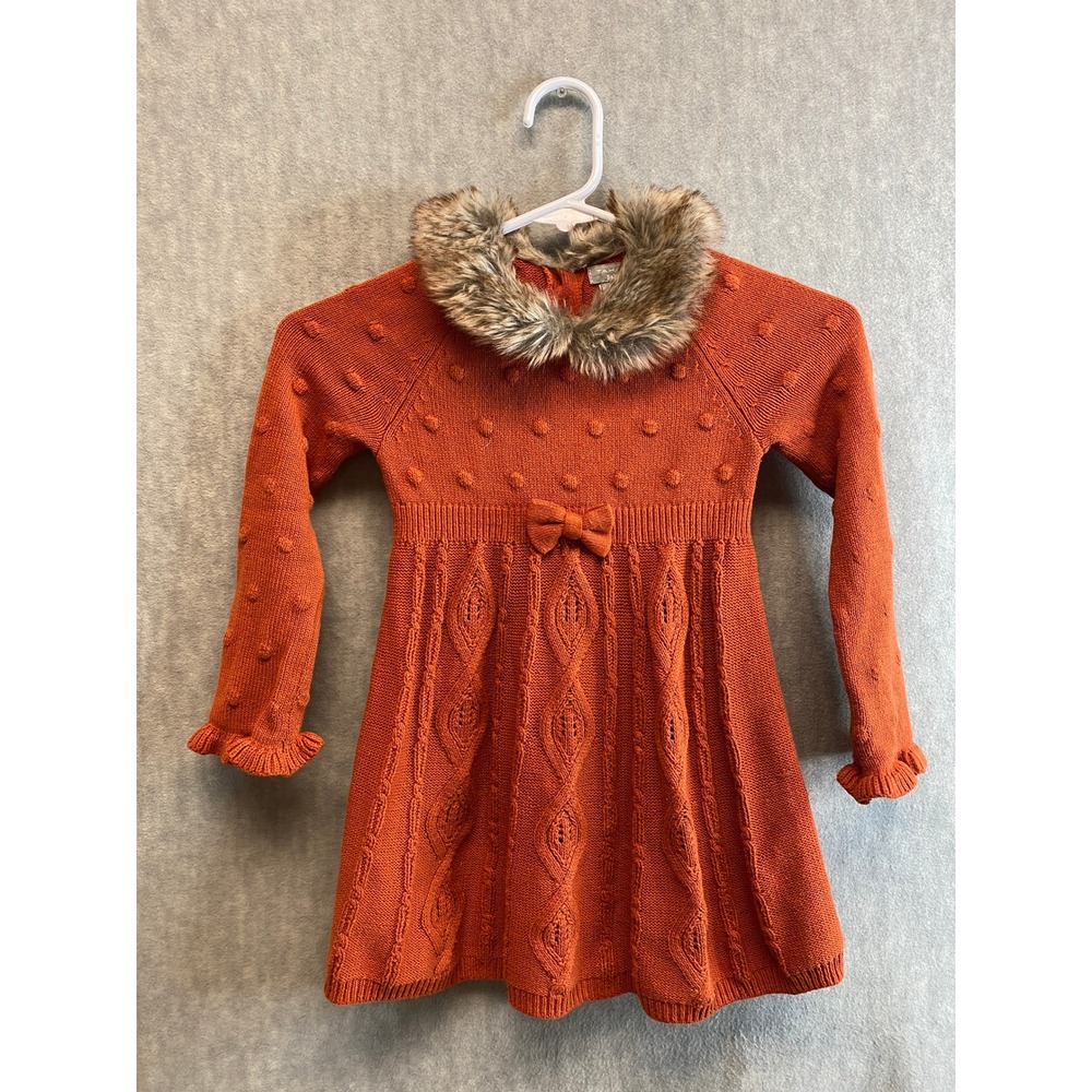 Tahari Baby Rust Orange Sweater Dress 4T Faux Fur Collar Bow Accent Cable‎ Knit